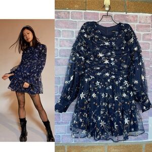 Sister Jane Shooting Star Embroidered Mini Dress Navy and Silver medium